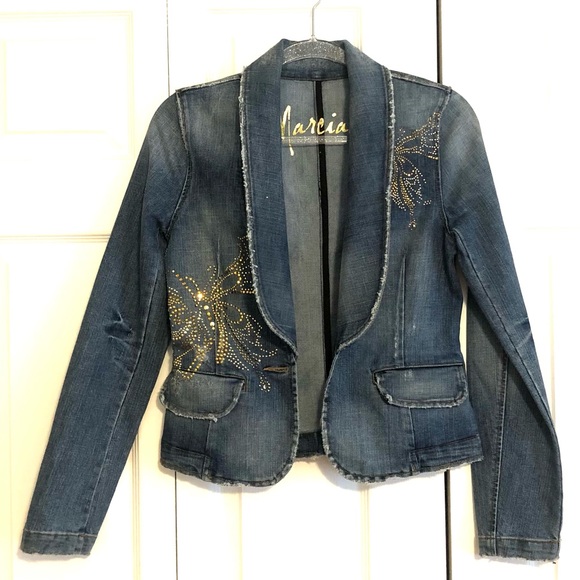 Blue Denim Distressed Gold Butterfly Jean Jacket by Marciano/Guess size Small - Picture 1 of 13